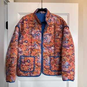 Floral Printed Quilted Jacket Women’s Size Medium Coat Pockets Blue Trim